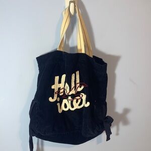Hollister Navy Corduroy Tote Bag with White Straps appliqué logo side tie holder